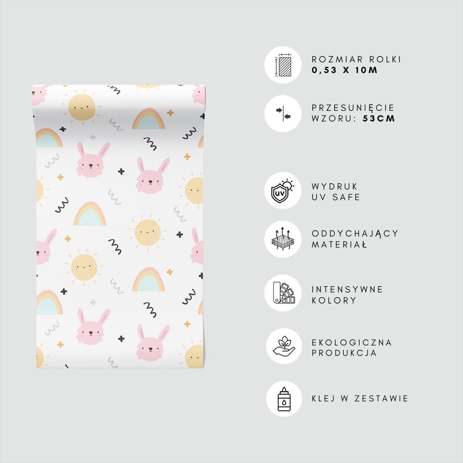 Tapeta - dziecięca, królik, słońce, tęcza