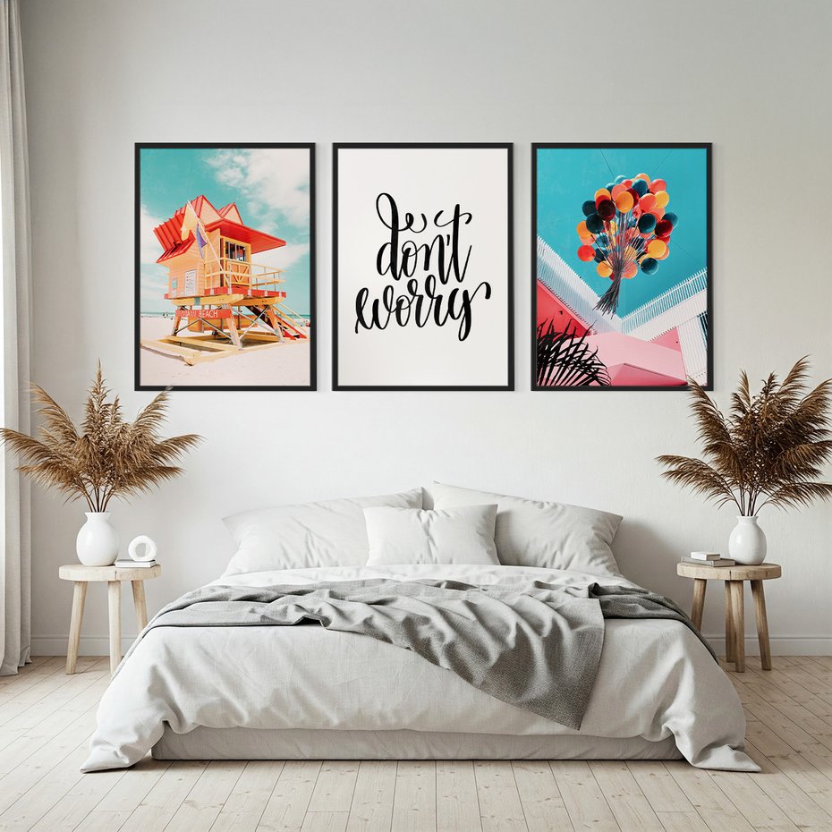 Zestaw obrazy w ramie, plakaty - plaża, budynek, balony - rama czarna