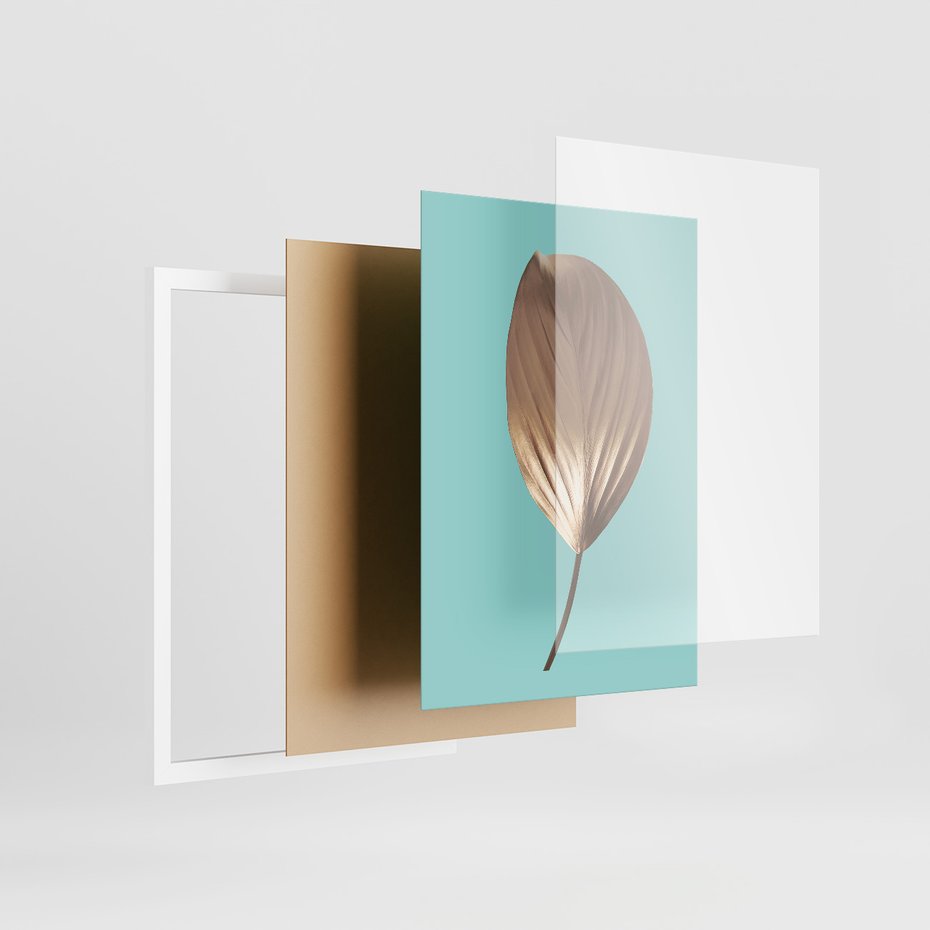 Zestaw obrazy w ramie, plakaty - liście, złoto, roślina - rama biała