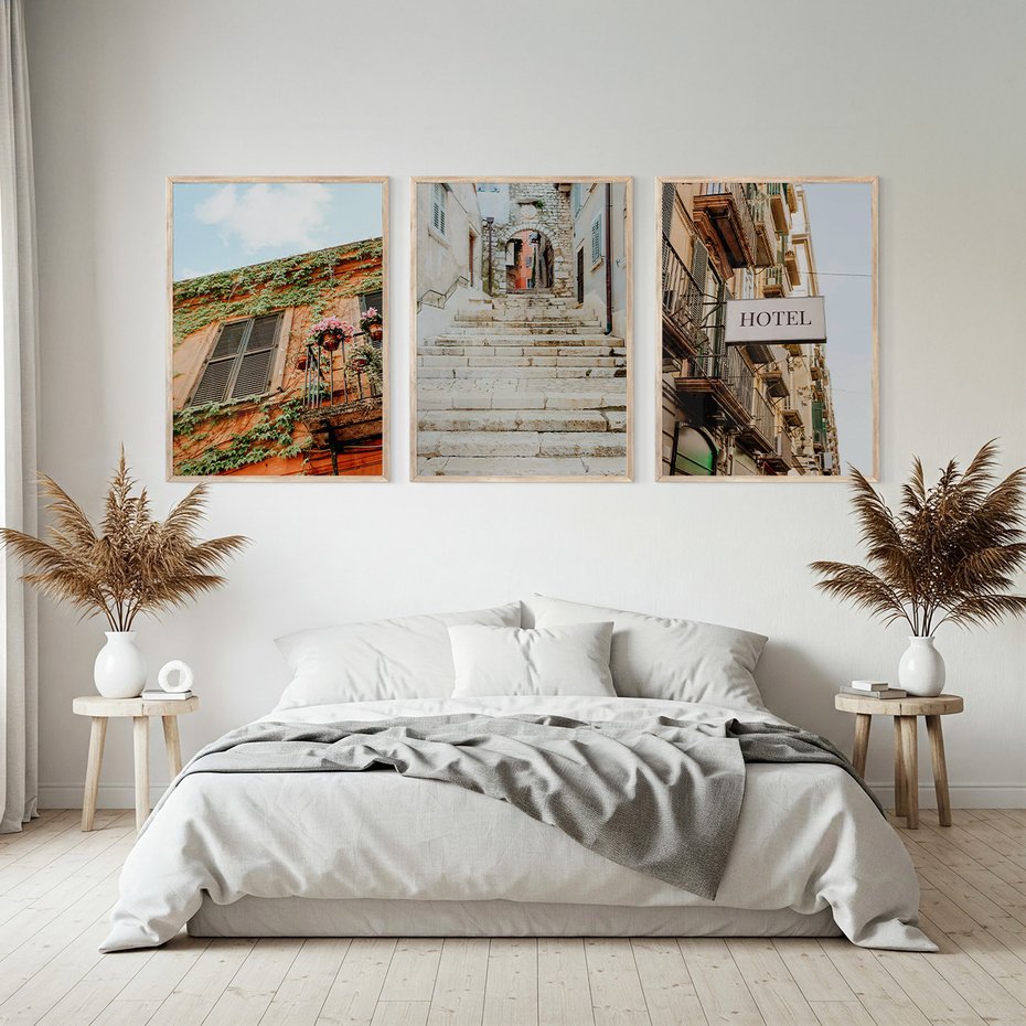 Zestaw obrazy w ramie, plakaty - architektura, budynki, kamień - rama drewno