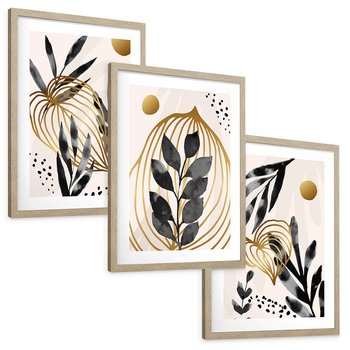 Zestaw obrazy w ramie, plakaty - liście, złoto, abstrakcja - rama drewno