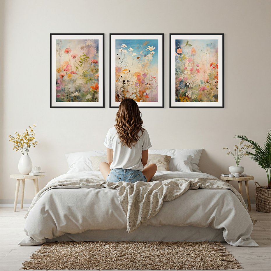 Zestaw obrazy w ramie, plakaty - kwiaty, rośliny, delikatne - rama czarna