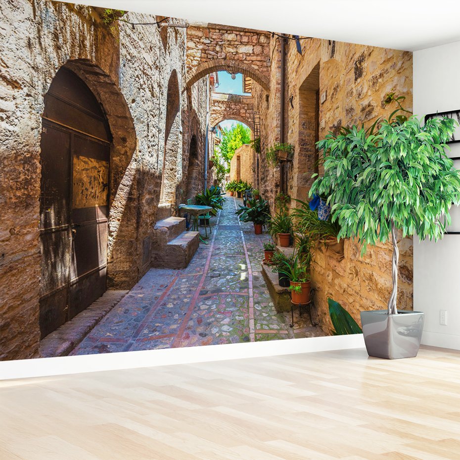 Fototapeta - uliczka, kamień, kwiaty