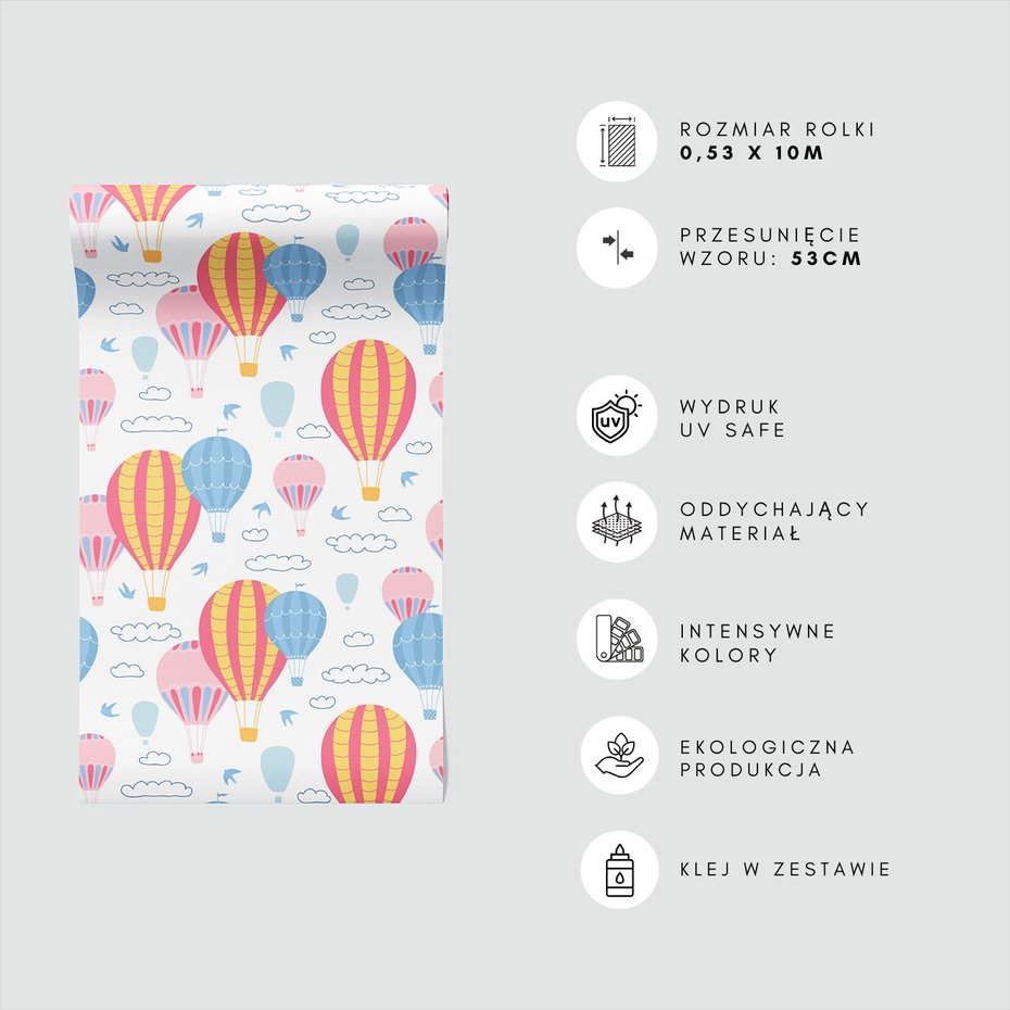 Tapeta - dziecięca, balony, chmury, ptaki