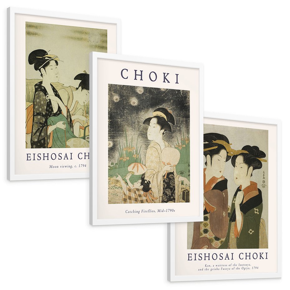 Zestaw obrazy w ramie, plakaty - japonizm, kobiety, portret - rama biała