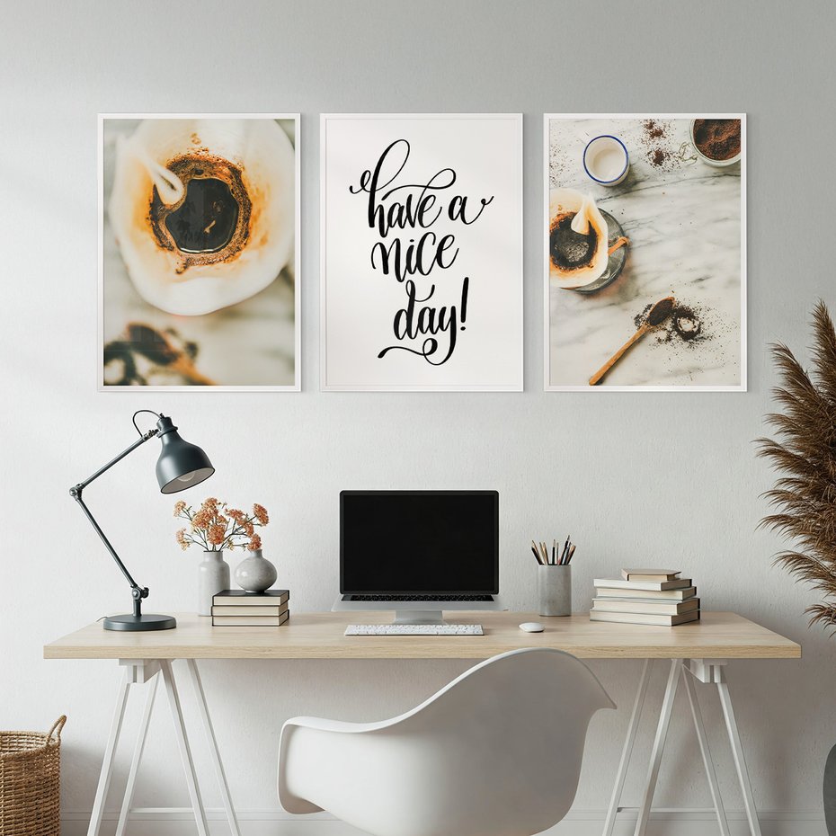 Zestaw obrazy w ramie, plakaty - kawa, napój, filiżanka - rama biała