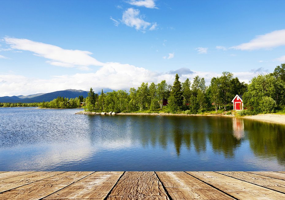 Fototapeta - jezioro, las, dom,