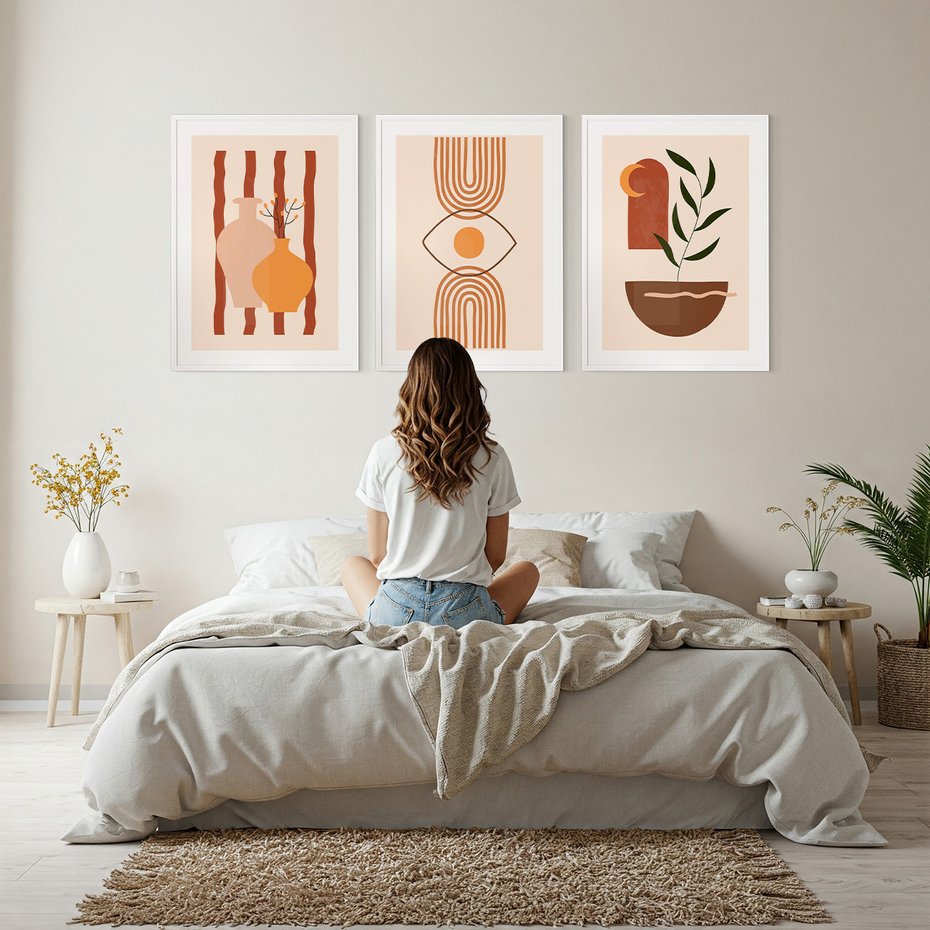 Zestaw obrazy w ramie, plakaty - abstrakcja, boho, minimalizm - rama biała