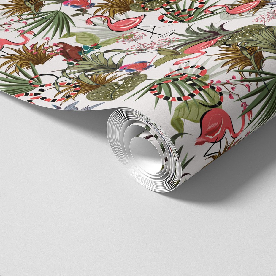 Tapeta - flamingo, papuga, liście