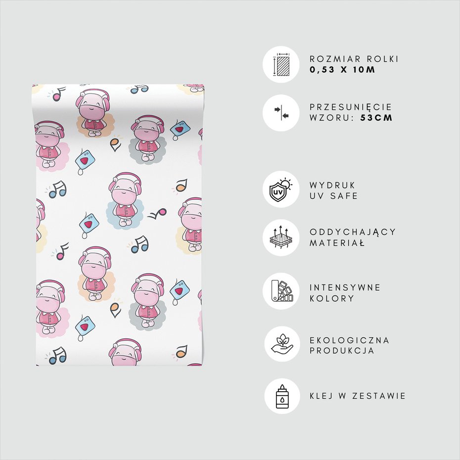 Tapeta - dziecięca, hipopotam, słuchawki, muzyka