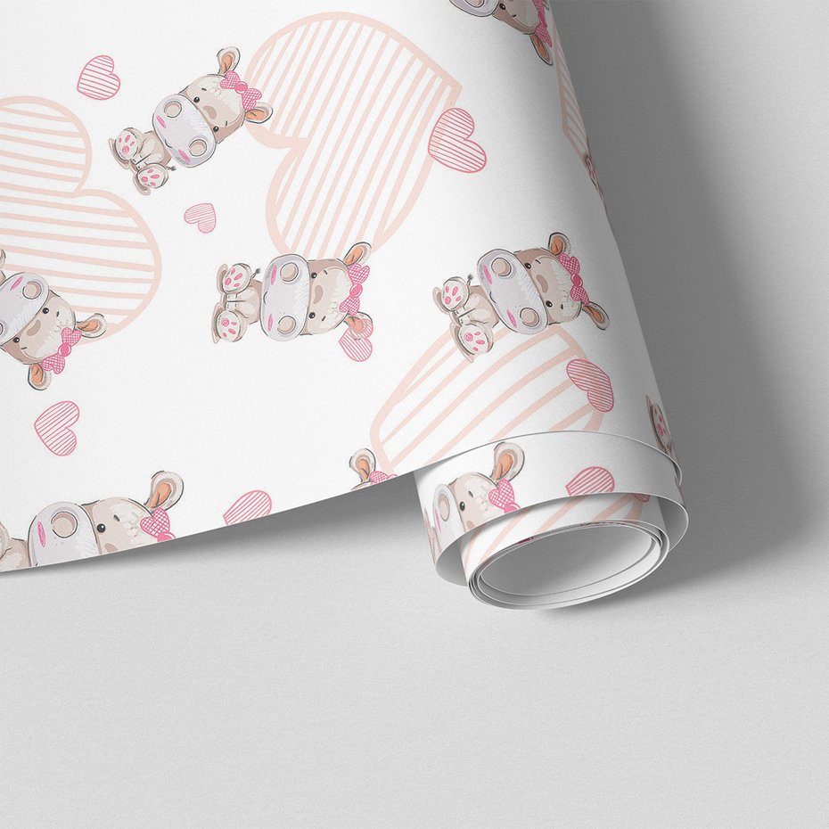 Tapeta - dziecięca, hipopotam, serca, kokardka