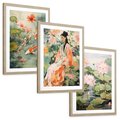 Zestaw obrazy w ramie, plakaty - kwiaty lotosu, ryby koi, azjatycka kobieta - rama drewno