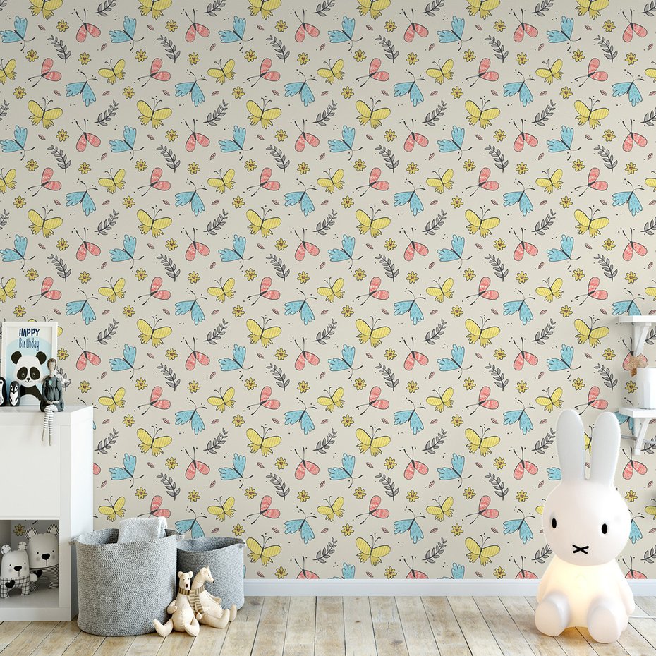 Tapeta - dziecięca, motyle, kwiaty, liście