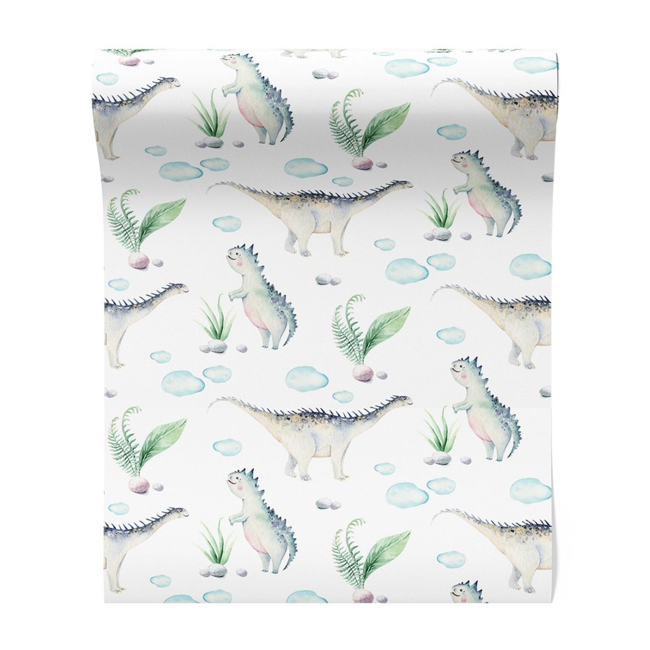 Tapeta - dziecięca, dinozaury, liście, chmury