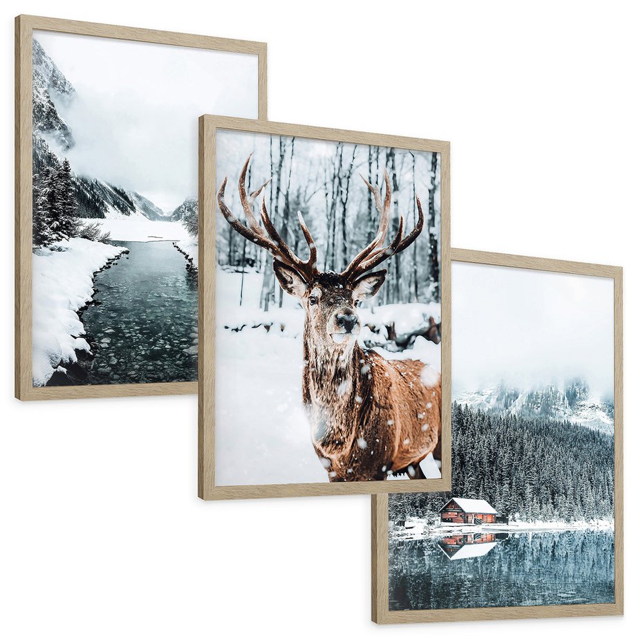 Zestaw obrazy w ramie, plakaty - zima, śnieg, krajobraz - rama drewno