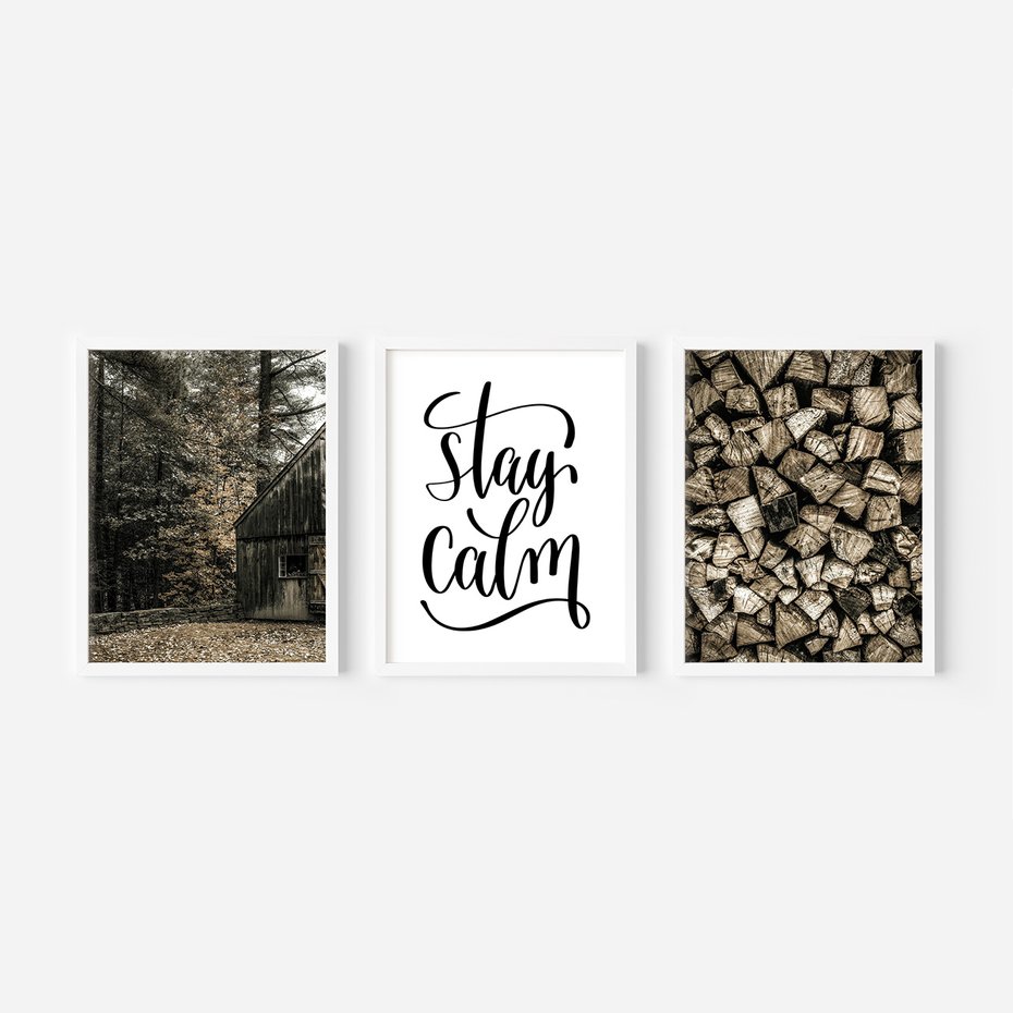 Zestaw obrazy w ramie, plakaty - drewno,domek,las - rama biała