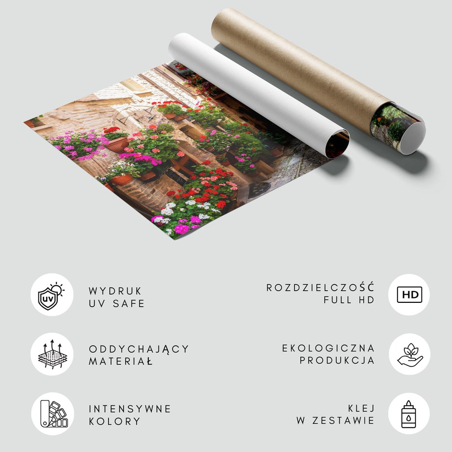 Fototapeta - uliczka, kwiaty, doniczki