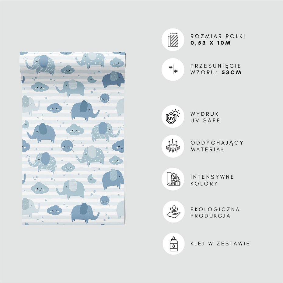 Tapeta - dziecięca, słonie, chmury, słońce