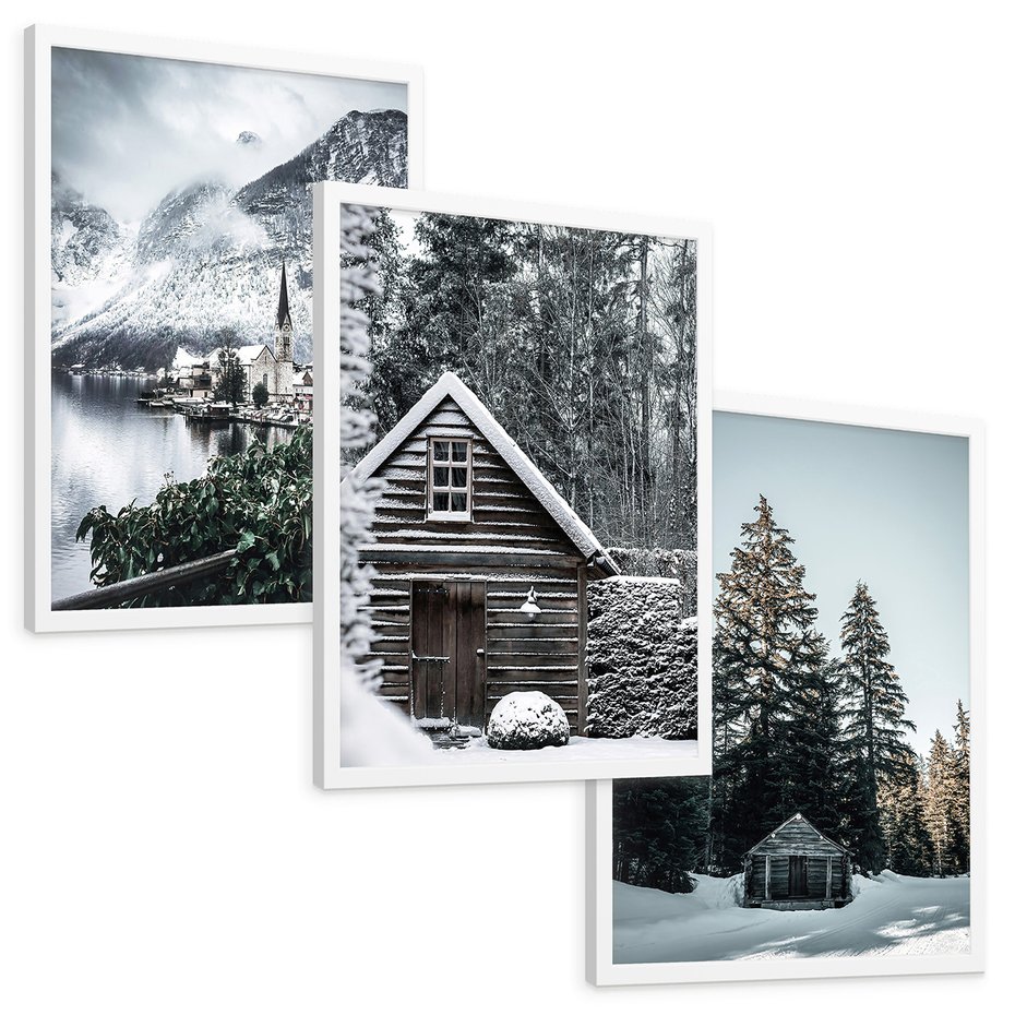 Zestaw obrazy w ramie, plakaty - zima, śnieg, krajobraz - rama biała