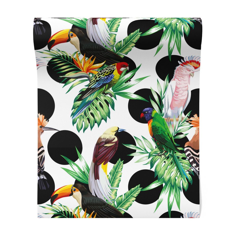 Tapeta - papugi, liście, kropki