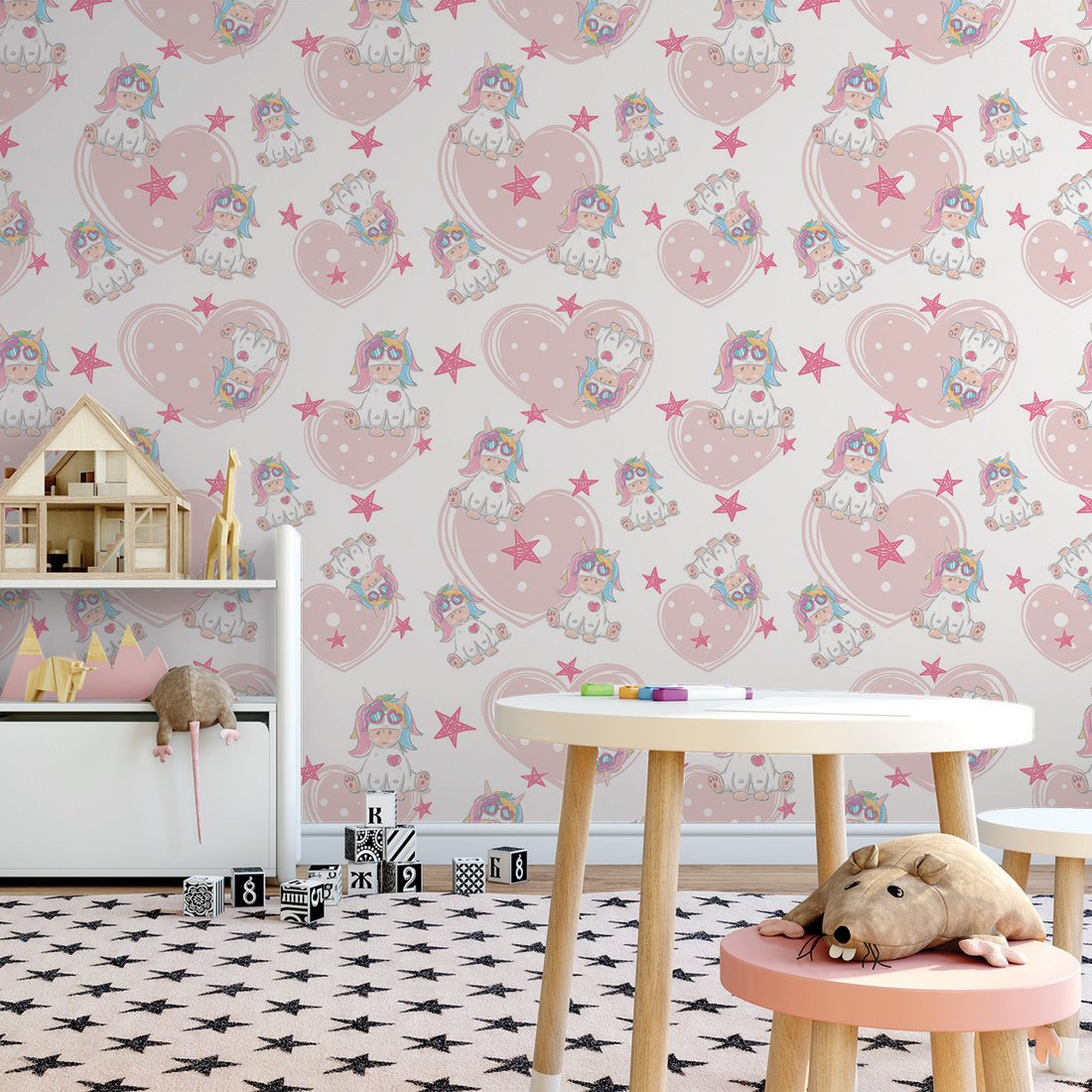 Tapeta - dziecięca, jednorożec, serca, gwiazdy