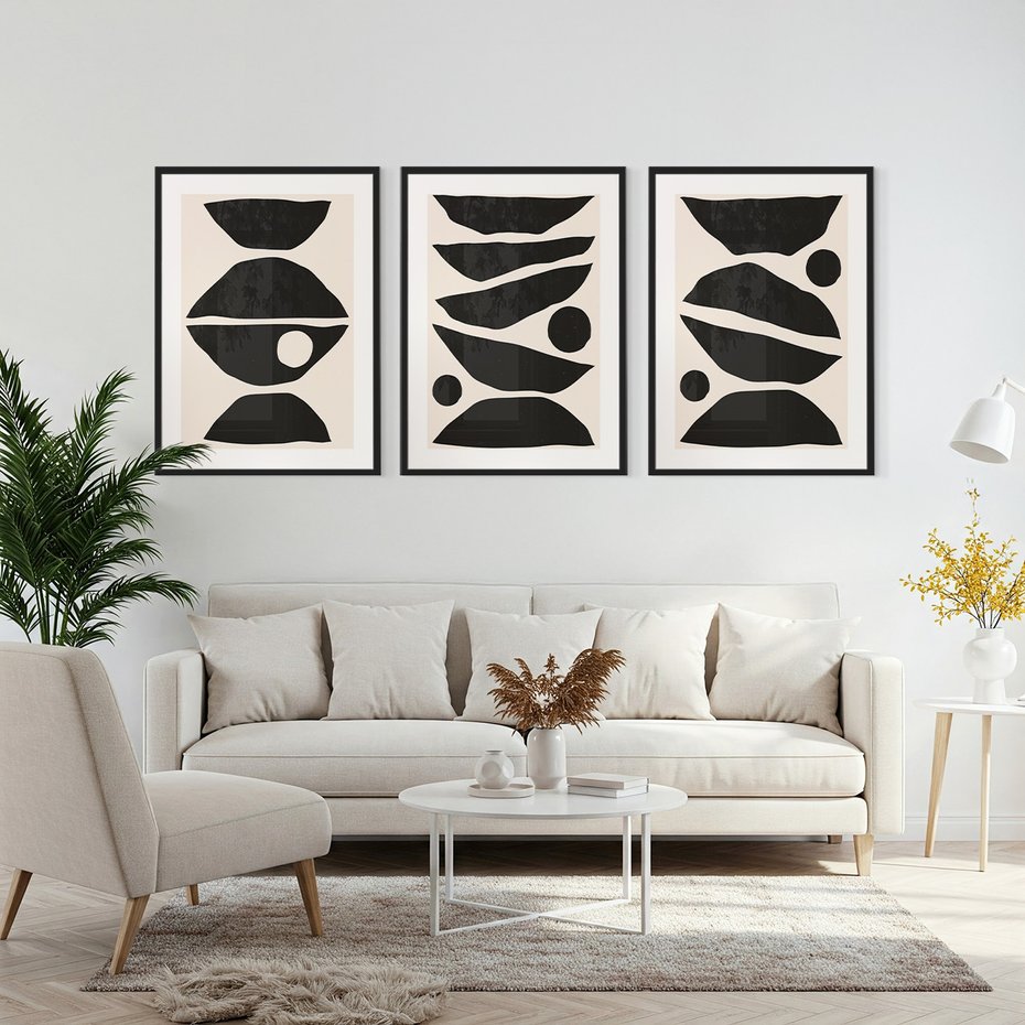 Zestaw obrazy w ramie, plakaty - abstrakcja, minimalizm, kształty - rama czarna