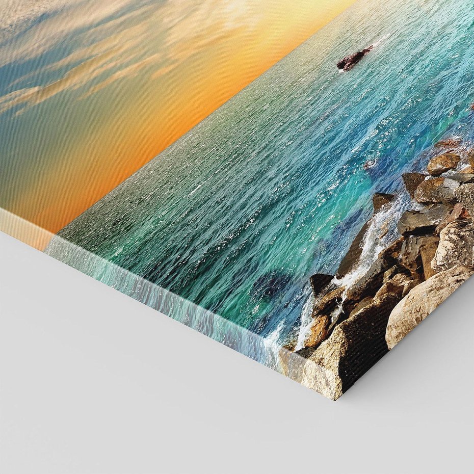 Obraz na płótnie - morze, skały, zachód słońca