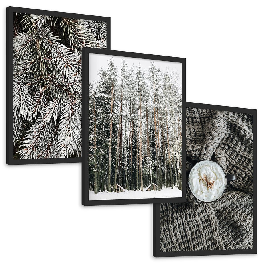Zestaw obrazy w ramie, plakaty - zima, śnieg, las - rama czarna