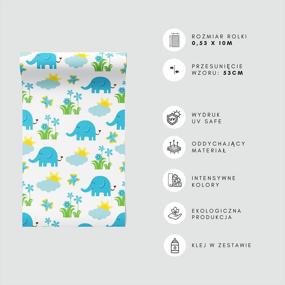 Tapeta - dziecięca, słoń, motyl, kwiat