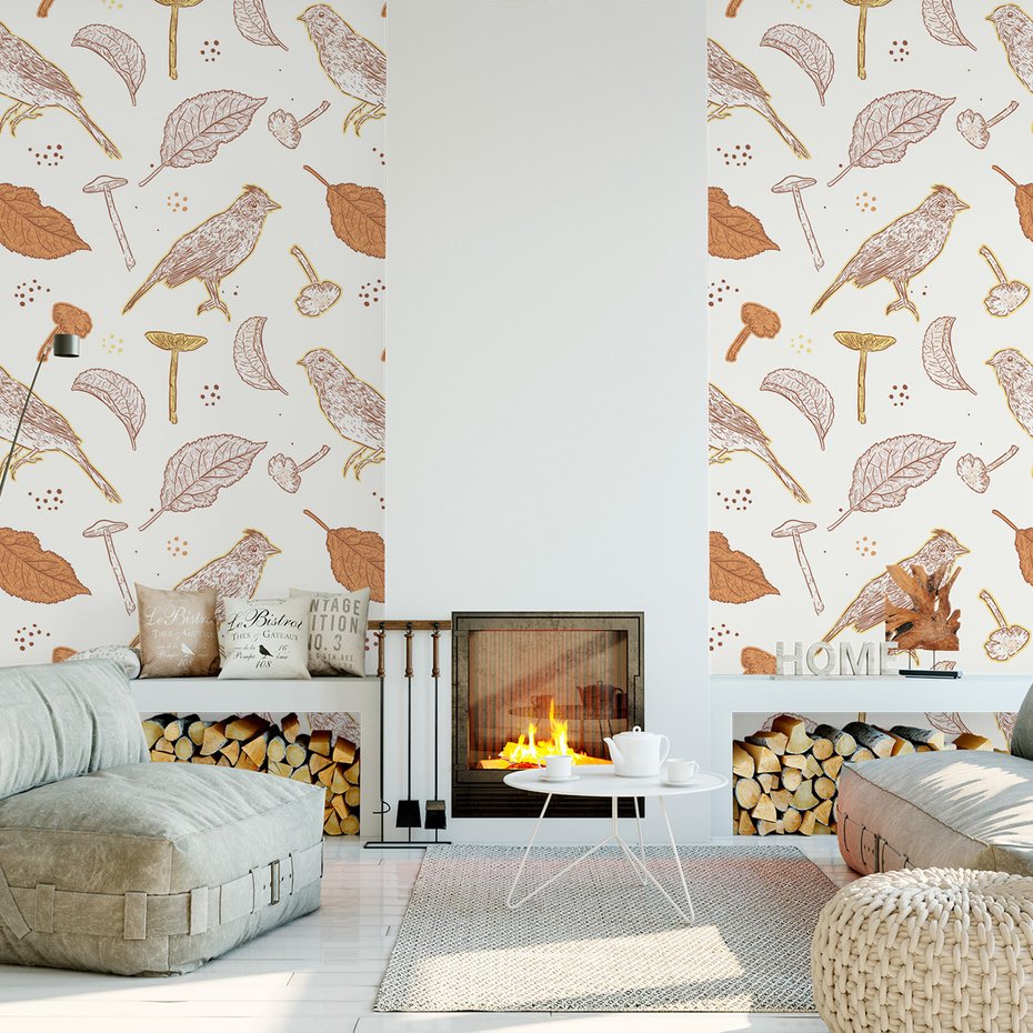 Tapeta - liście, grzyby, ptaki