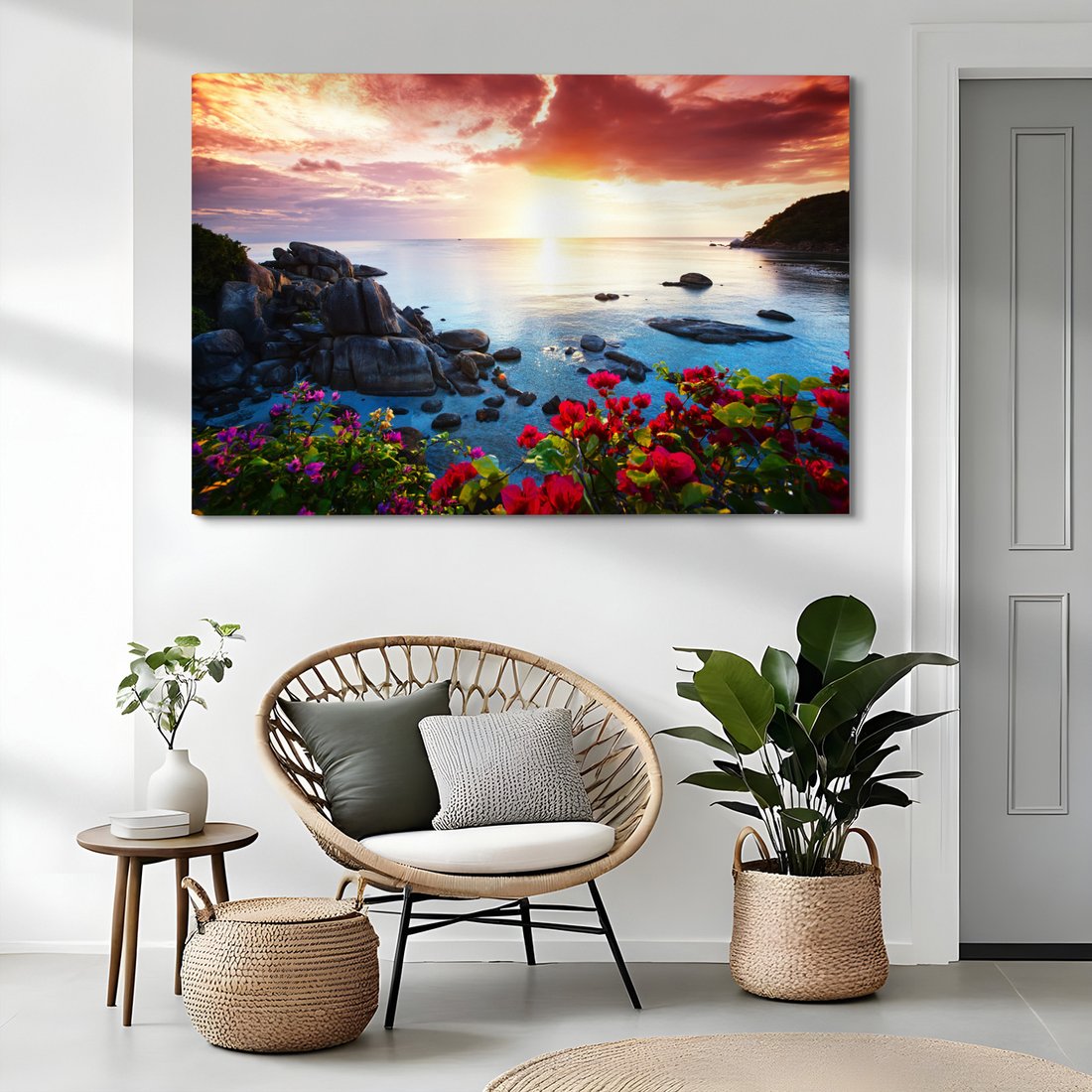 Obraz na płótnie - plaża, zachód słońca, kwiaty