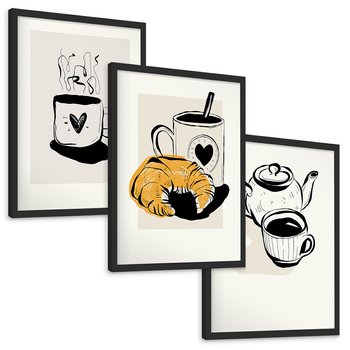 Zestaw obrazy w ramie, plakaty - kawa, filiżanka, croissant - rama czarna