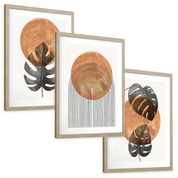 Zestaw obrazy w ramie, plakaty - liście, abstrakcja, okrąg - rama drewno
