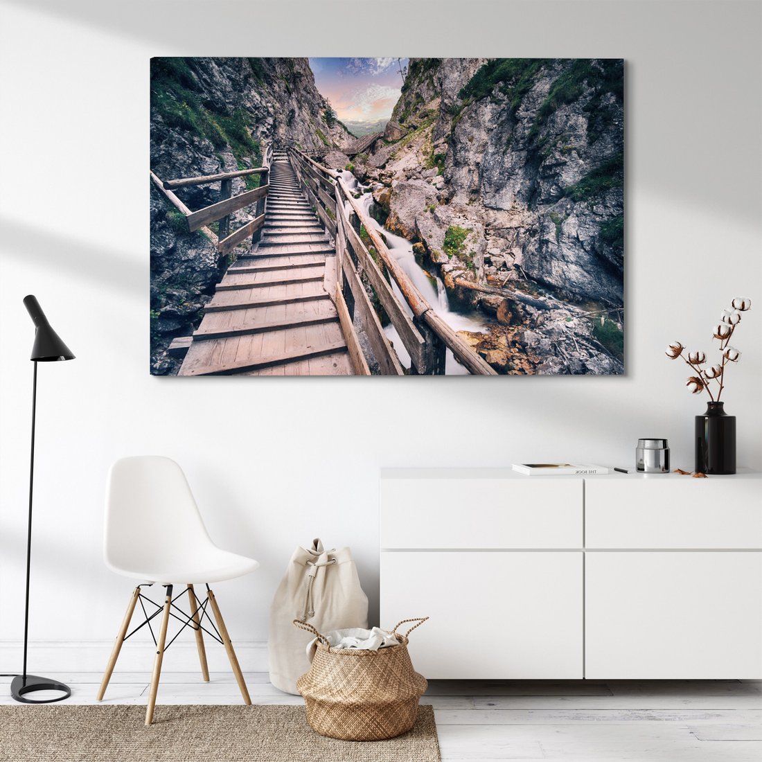 Obraz na płótnie - wodospad, schody, góry