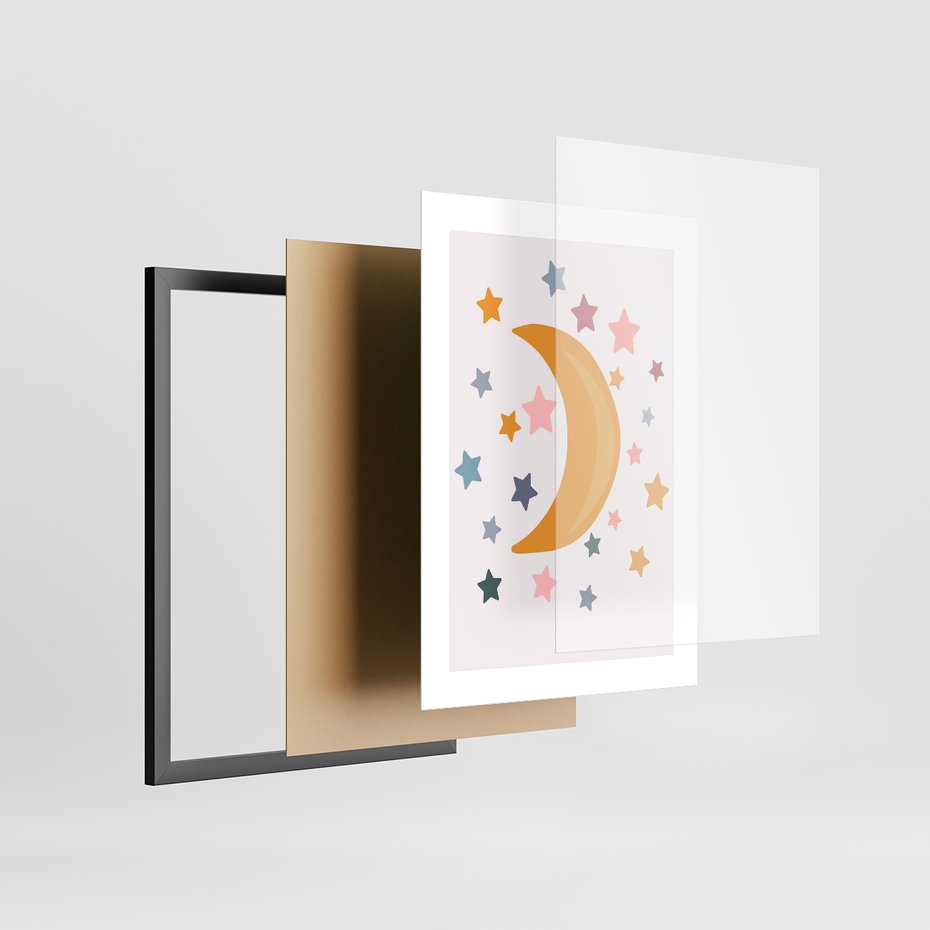 Zestaw obrazy w ramie, plakaty - gwiazdy, księżyc, tęcza - rama czarna