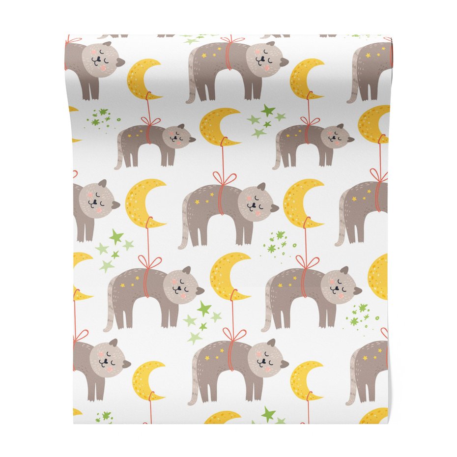 Tapeta - dziecięca, kot, księżyc, gwiazdy