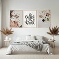 Zestaw obrazy w ramie, plakaty - kwiaty, kawa, akcesoria - rama drewno