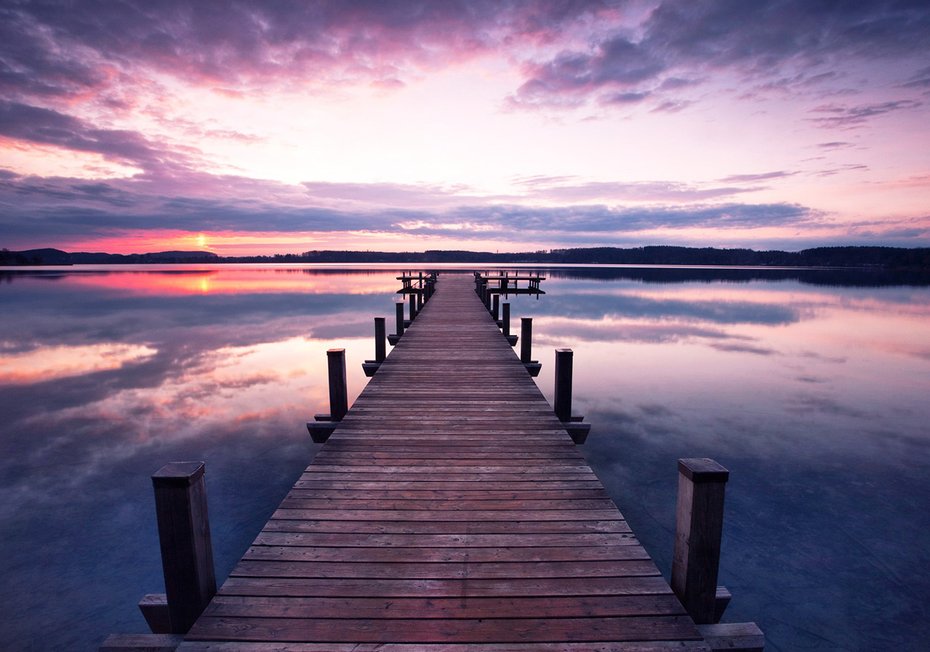Fototapeta - jezioro, molo, zachód słońca