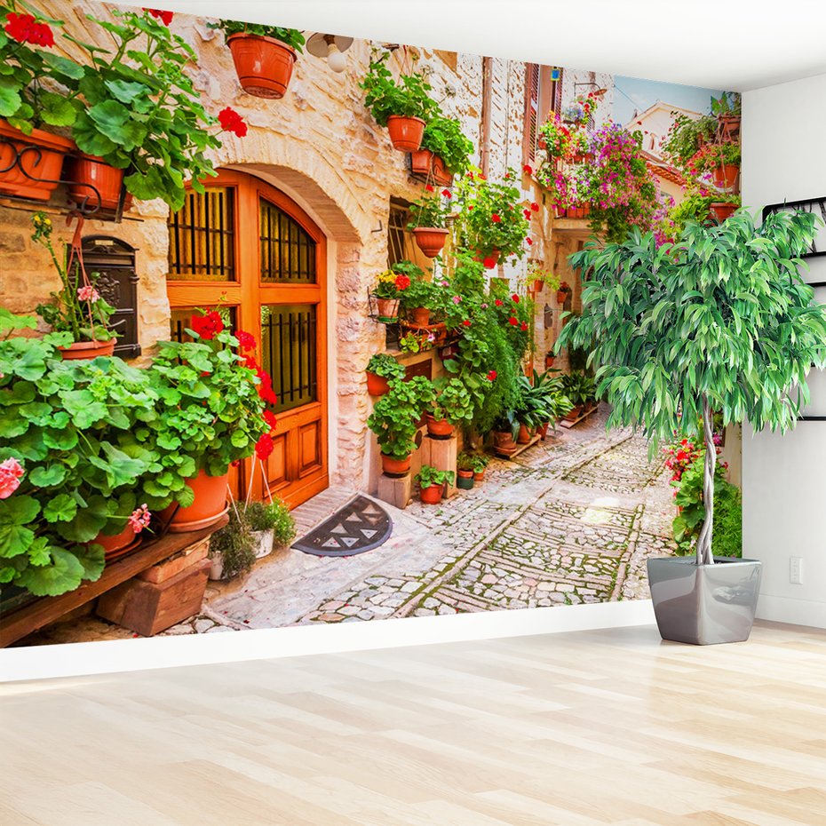 Fototapeta - uliczka, kwiaty, doniczki