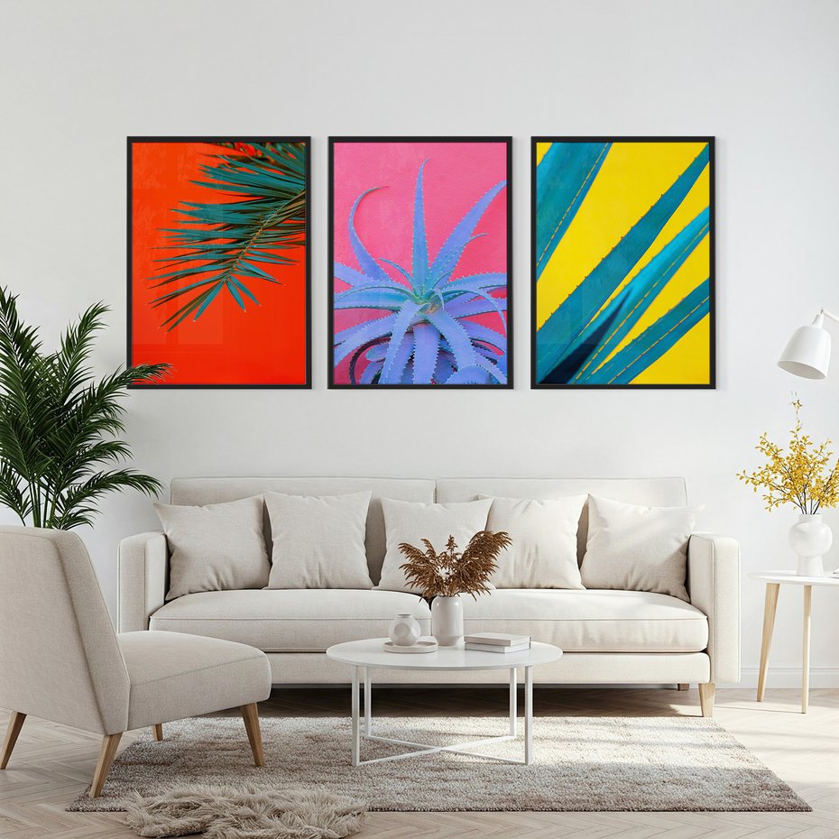 Zestaw obrazy w ramie, plakaty - liście,roślina,tropikalny - rama czarna