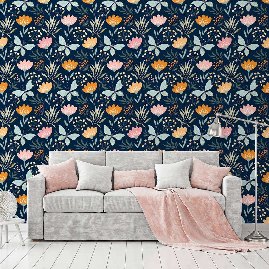 Tapeta - kwiaty, motyle, liście