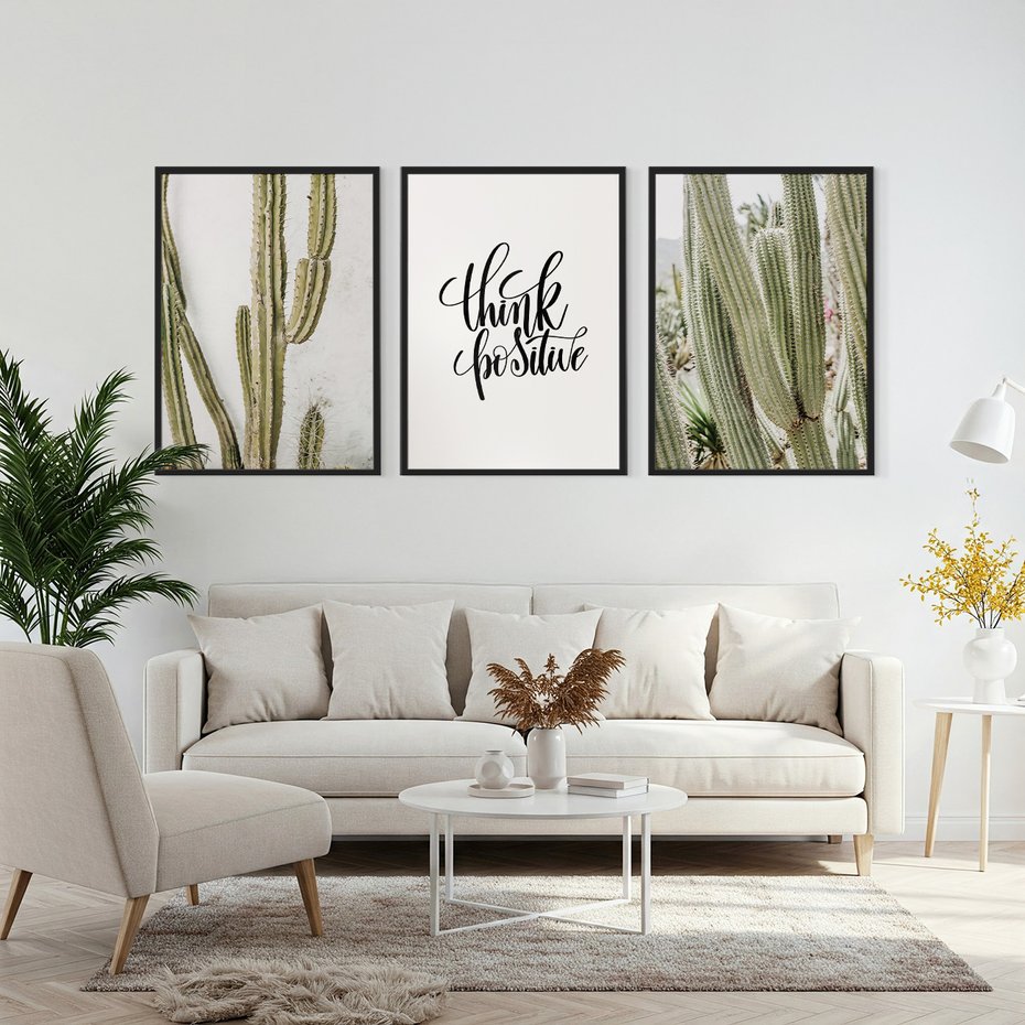 Zestaw obrazy w ramie, plakaty - kaktusy,rośliny,tekst - rama czarna