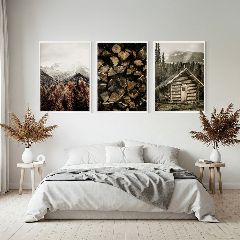 Zestaw obrazy w ramie, plakaty - góry, drewno, las - rama biała
