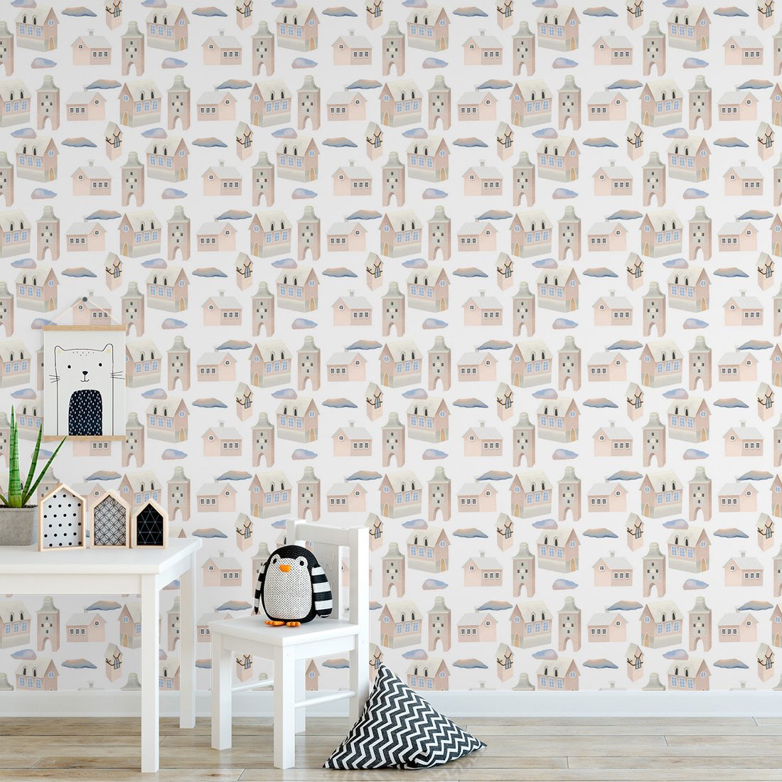Tapeta - dziecięca, miasto, budynki, chmury