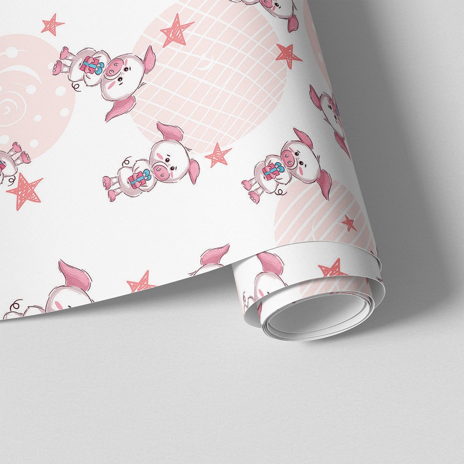 Tapeta - dziecięca, świnki, gwiazdy, prezenty