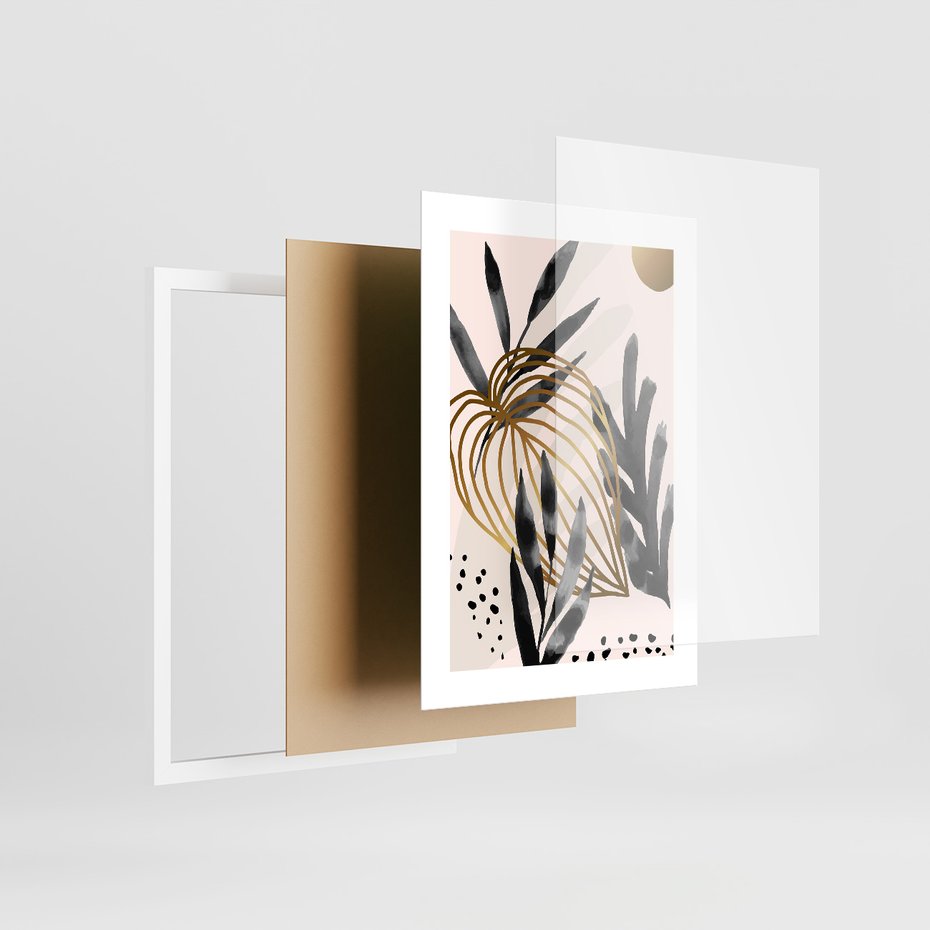 Zestaw obrazy w ramie, plakaty - liście, złoto, abstrakcja - rama biała