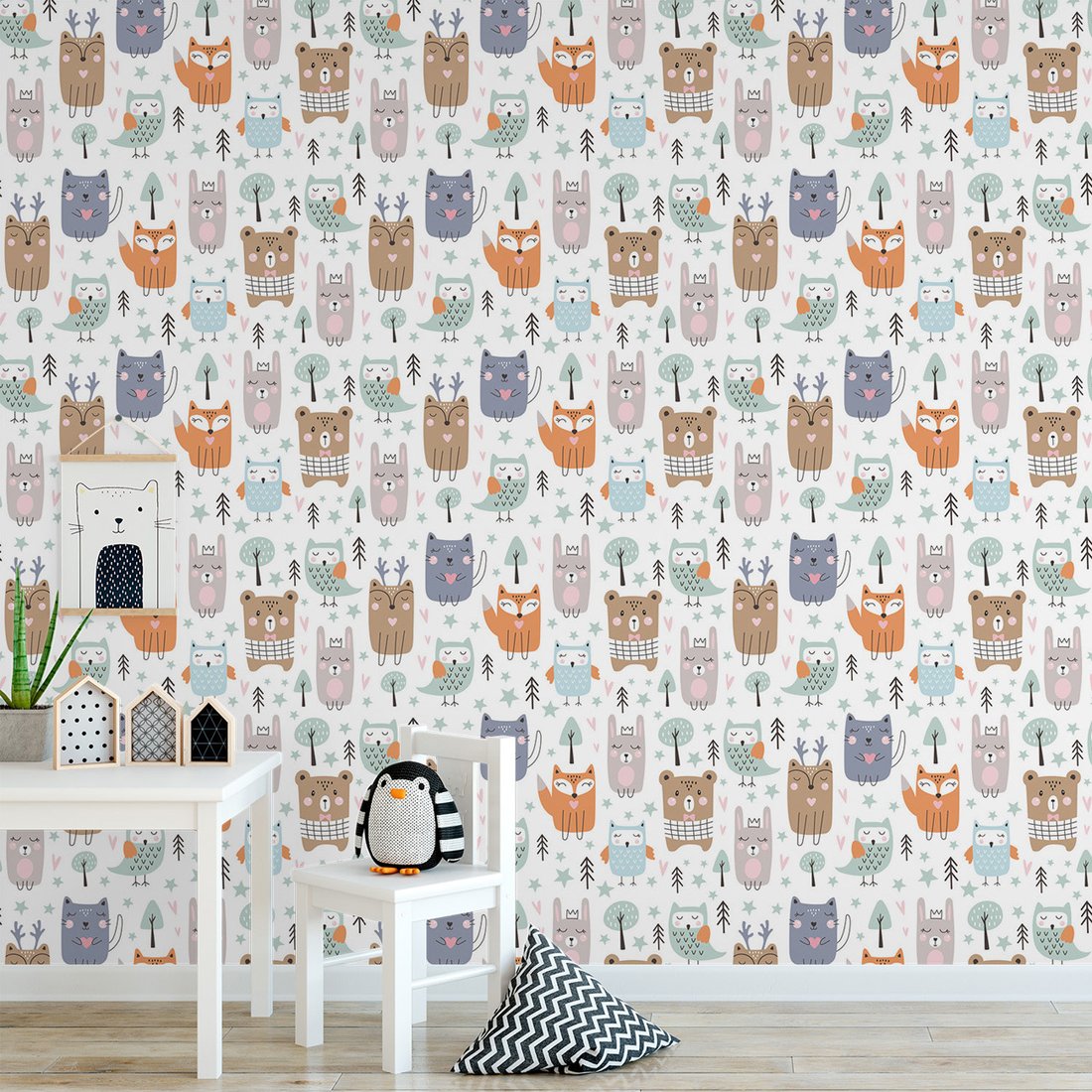 Tapeta - dziecięca, zwierzęta, drzewa, gwiazdy