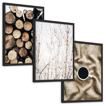 Zestaw obrazy w ramie, plakaty - drewno, zima, sweter - rama czarna