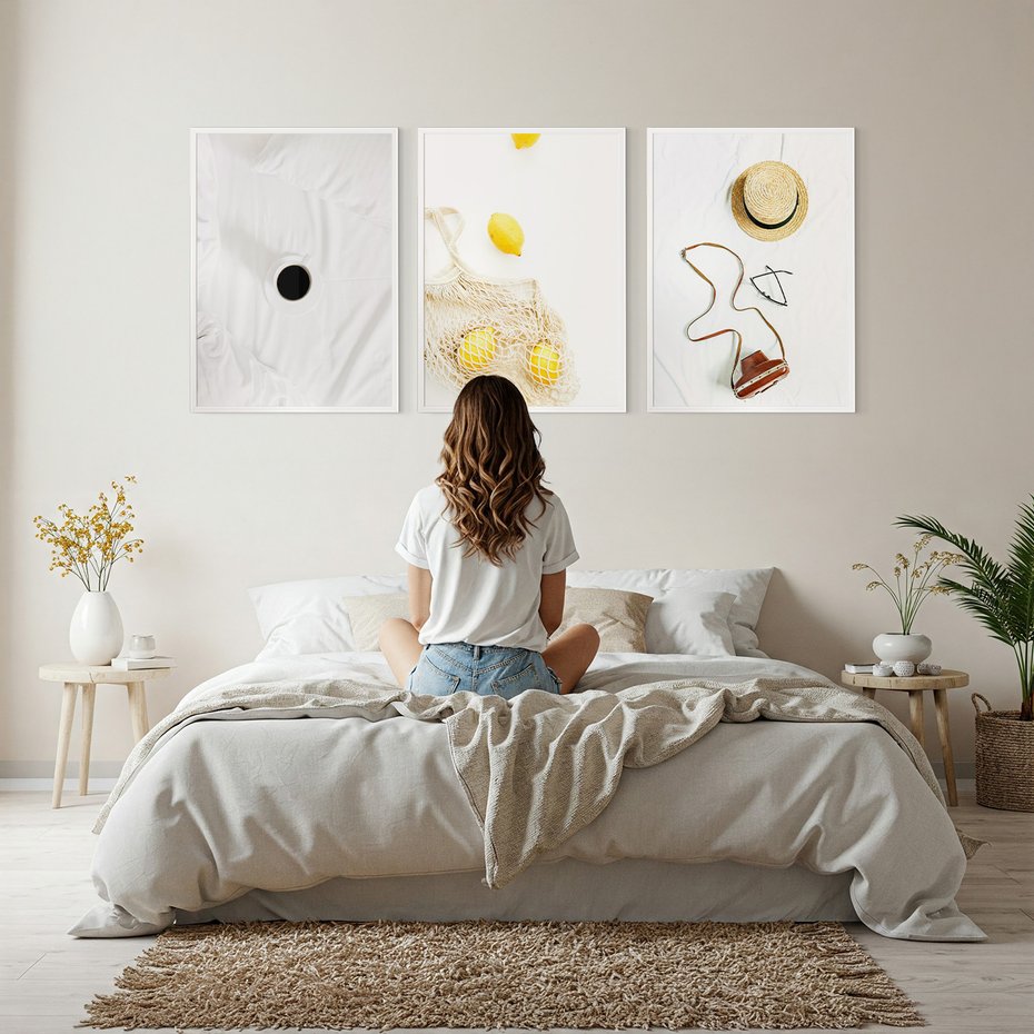 Zestaw obrazy w ramie, plakaty - śniadanie, cytryny, minimalizm - rama biała