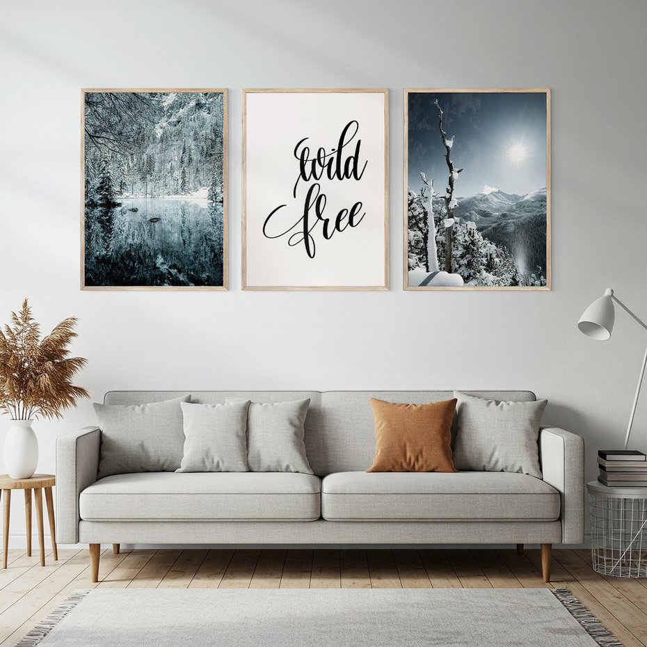 Zestaw obrazy w ramie, plakaty - zima, śnieg, góry - rama drewno